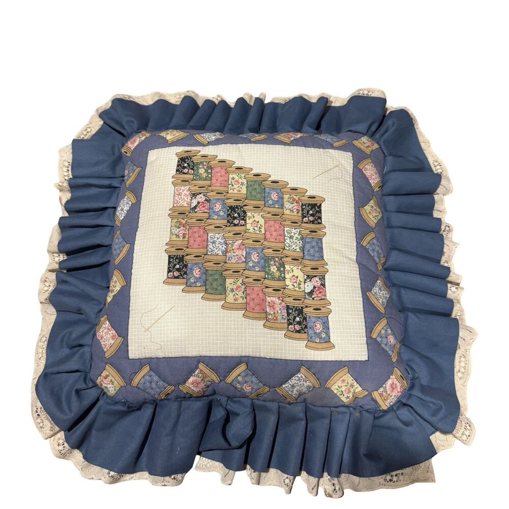 Vintage Handmade Sewing Needle Threat Throw Pillow Decor Blue Floral Granny core